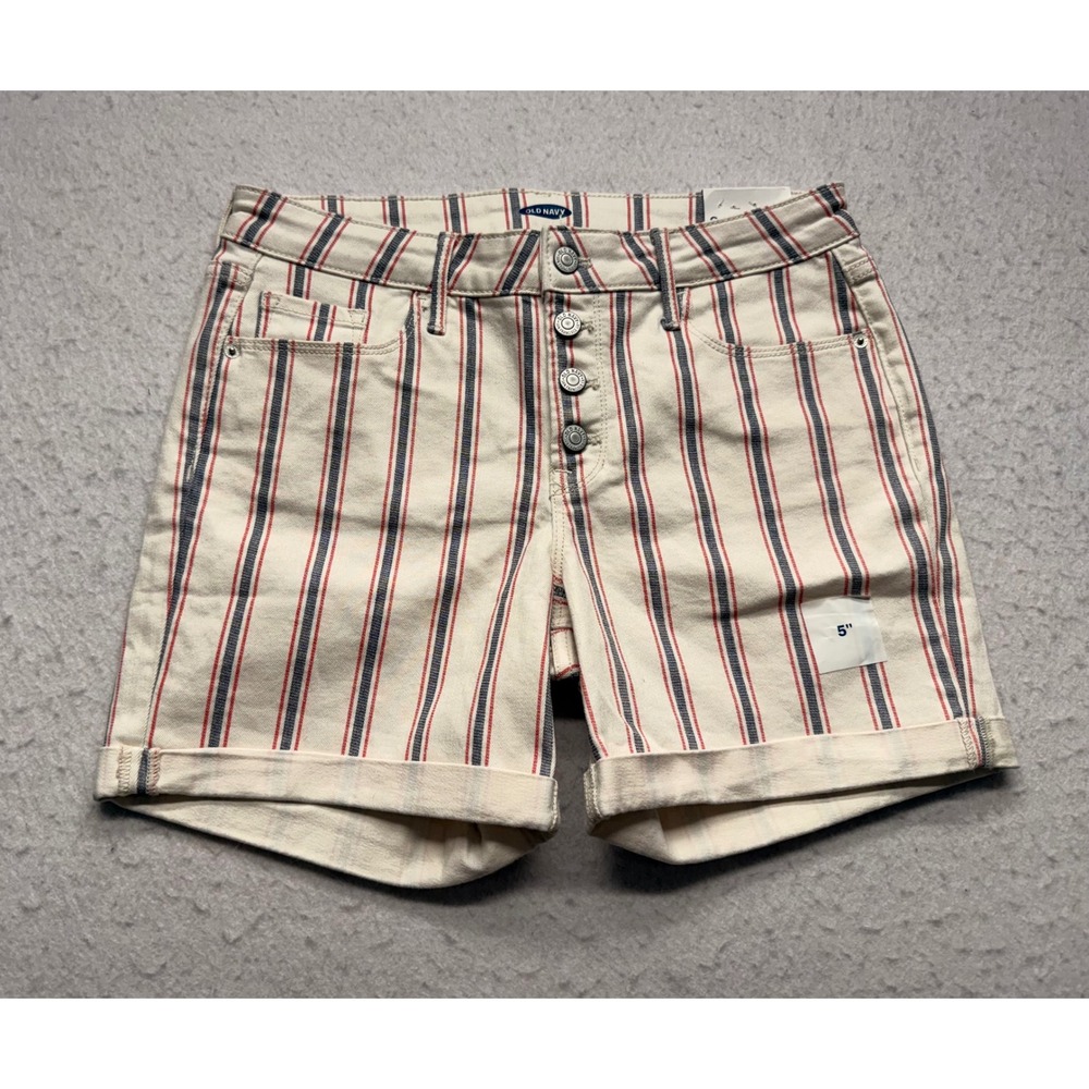 Old Navy Womens Size 8 Mid-Rise Slim Midi Striped Denim Shorts Red Navy White